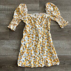 Mi Ami Mini Dress Womens S White Lemon Print Puff Sleeve Linen Rayon Amaria Boho